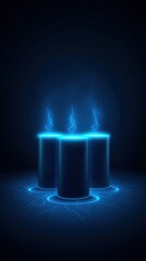 Abstract representation of three glowing cylinders emitting blue smoke in a dark background, symbolizing energy and innovation.