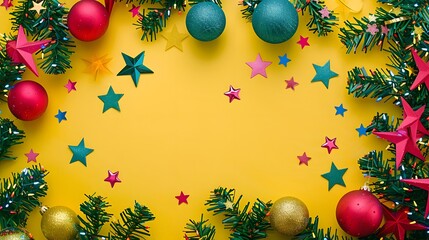 Christmas Tree Ornaments and Stars with Happy New Year on Vibrant Yellow Background, Joyful Holiday Celebration