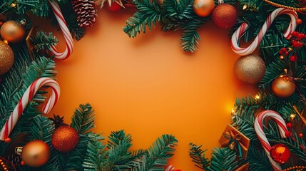 Christmas Garlands and Candy Canes with Happy New Year on Bright Orange Background, Joyful Holiday Celebration