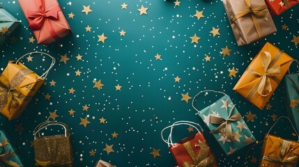 Christmas Gift Bags and Stars with Happy New Year on Rich Teal Background, Festive Holiday Mood