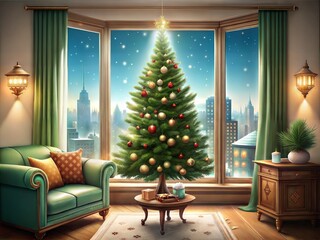 Elegant green living room with sparkling Christmas tree against night city skyline
