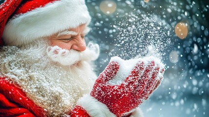Santa claus blowing christmas magic with golden lights in background
