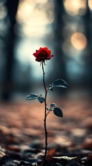 Solitary Red Rose Blooming in a Tranquil Forest at Sunset, Symbol of Beauty and Resilience