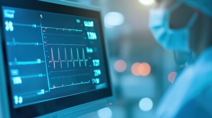 Fototapeta premium Close-up of a patient monitor displaying vital signs as a medical professional observes, emphasizing the importance of health monitoring.