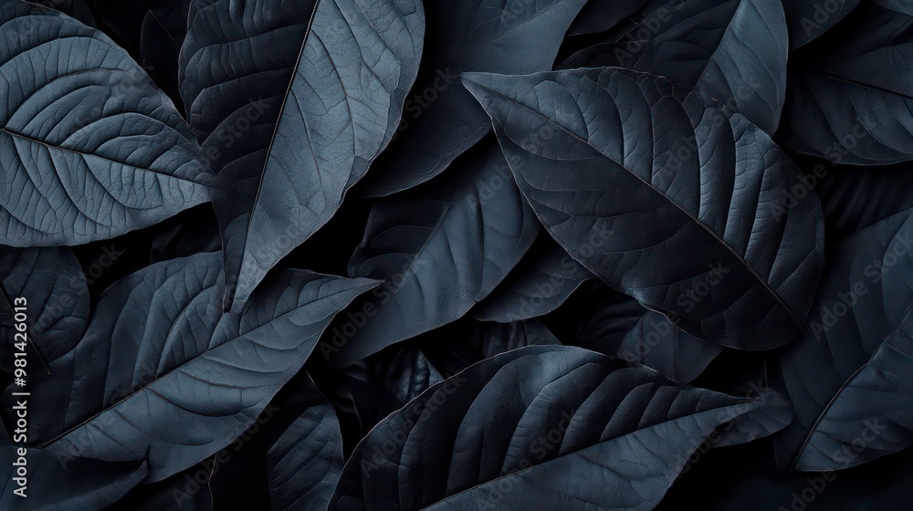 Poster dark leaves with textured veins arranged in a symmetrical pattern for a moody backdrop.