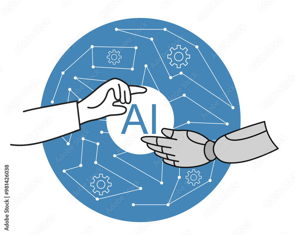 Poster man with ai. young guy shakes hands with cyborg. modern technologies and innovations. machine learni