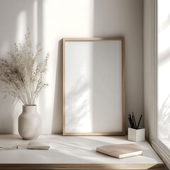 Minimalist Home Decor with Blank Frame and Flowers