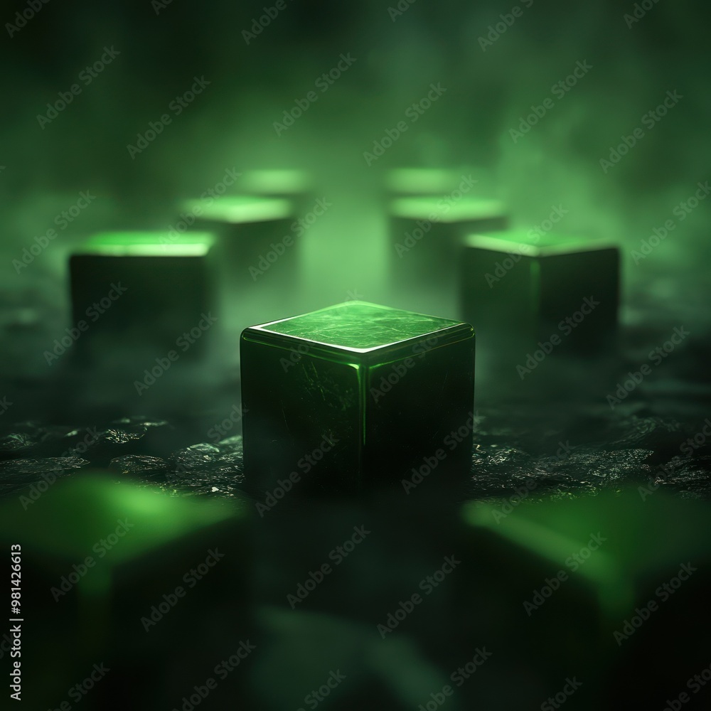 Poster mysterious green cubes surrounded by fog create an ethereal atmosphere, perfect for digital art and 