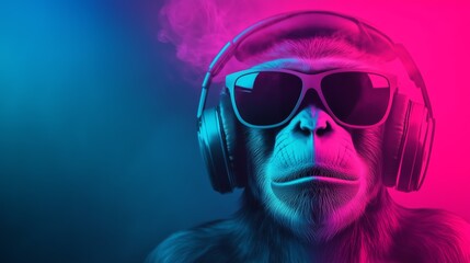 cool neon party dj monkey wearing glowing headphones and trendy sunglasses vibrant lights