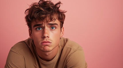 Fototapeta premium A young man looking at the camera with an incredibly worried expression on his face, against a solid pink background,