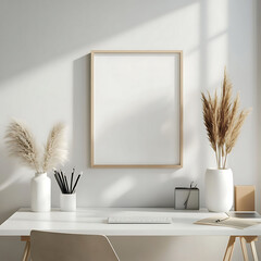 Minimalist Workspace with Blank Frame and Plants