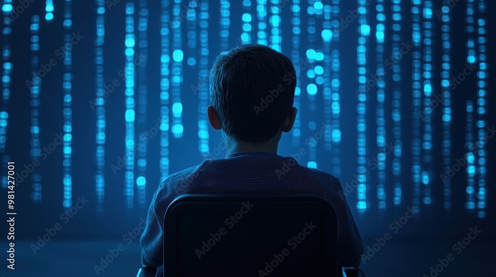 Poster a child mesmerized by digital data, sitting in front of a blue binary backdrop, exploring the world 