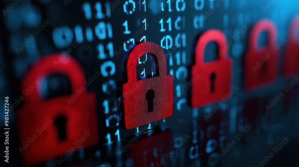 Aufkleber a close-up view of red locks against a digital backdrop, symbolizing cybersecurity and data protecti