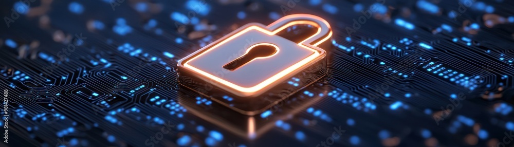 Aufkleber a digital padlock symbolizing security and protection on a futuristic data network background.