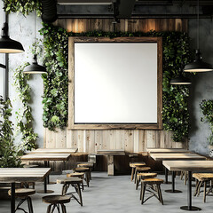 Cozy Cafe Interior with Greenery and Blank Frame