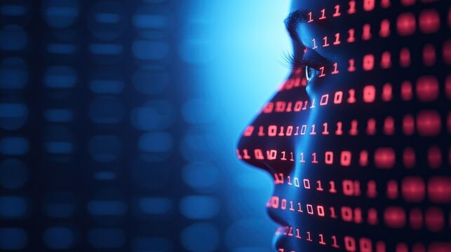 A digital abstract portrait featuring binary code overlays, representing technology, data, and innovation in a modern context.