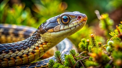 Obraz premium Close-up of a snake in wild nature among green foliage, grass and vibrant plants