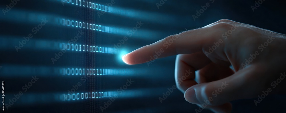 Poster a hand interacting with glowing binary code represents technology, data, and digital innovation in a