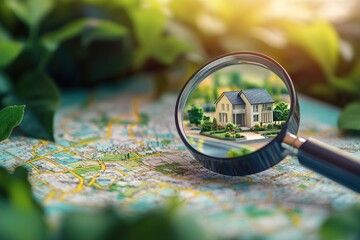 A magnifying glass focuses on a miniature house on a map, representing property search, real estate, and location.