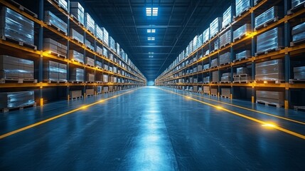 Obraz premium Large warehouse interior with machine learning algorithms improving inventory management at night
