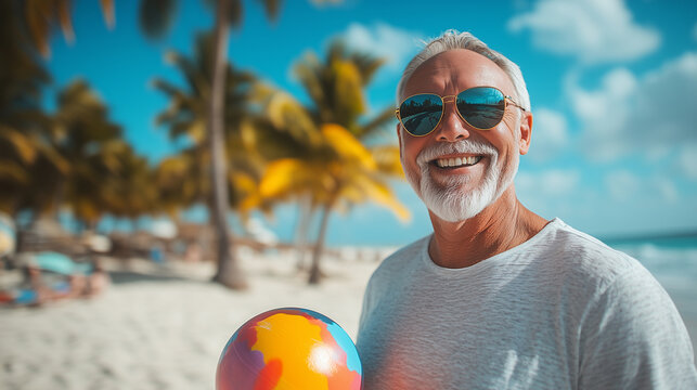 Smiling senior man on vacation at the beach, wearing sunglasses and holding a colorful ball, with palm trees in the background.