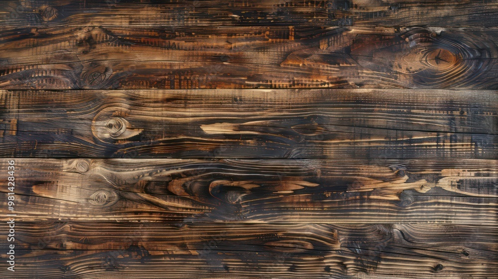 Poster a close-up view of a dark wood plank surface with grain patterns.