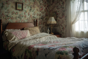 Floral-themed vintage bedroom with soft lighting and cozy decor