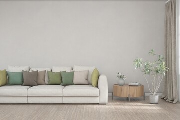 White living room with sofa. Scandinavian interior design. 3D illustration