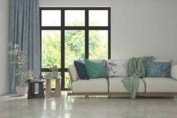 White living room with sofa and summer landscape in window. Scandinavian interior design. 3D illustration