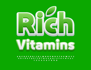 Vector healthy logo Rich Vitamins. White and Green Font. Bright Alphabet Letters and Numbers set.