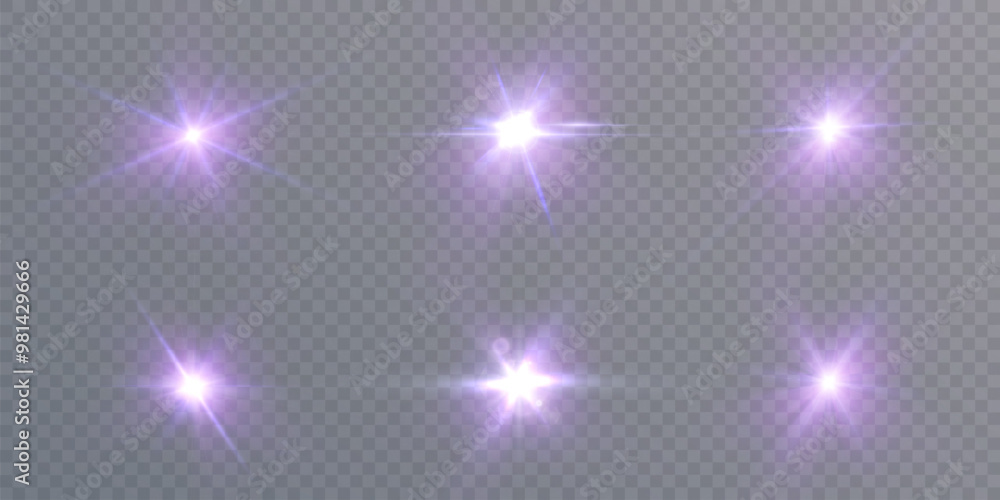 Poster Purple glowing light effects set. Glow effect for web design. Bright lens flares with shimmering highlights. Beautiful shimmering highlights light effect. Vector 10 EPS