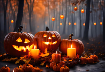 Halloween background with pumpkins and candles on a table. It's night. A forest is visible in the fog.