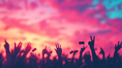 A vibrant sunset captures a crowd with hands raised, symbolizing excitement and unity at a concert or event.