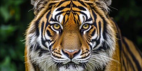 Obraz premium The powerful tiger gazes forward, displaying striking orange and black fur against a verdant backdrop, highlighting its natural beauty