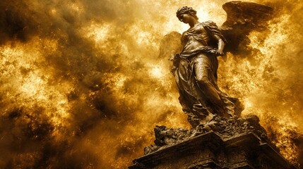 Angel statue looking down in warm sunlight