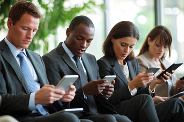Business professionals exchanging instant messages during a conference