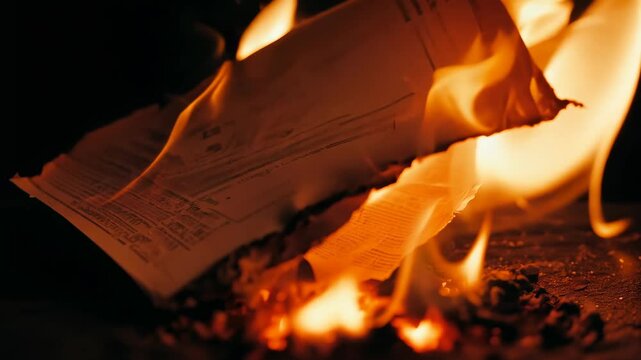 Watch paper burn vividly in a mesmerizing display of flames during a late-night bonfire gathering outdoors