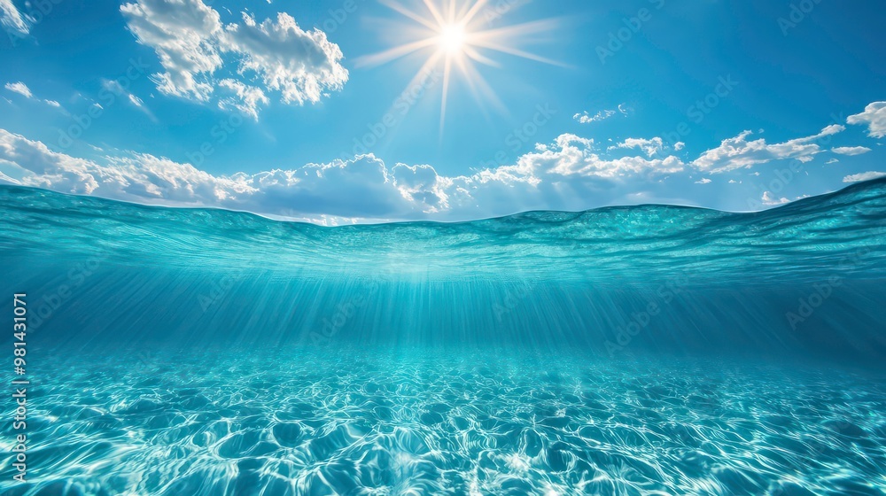 Poster sunbeams shining through the surface of the water, creating patterns on the ocean floor.