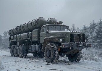 Russian military truck equipped with large anti-aircraft rocket launchers in a snowy forest landscape