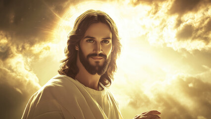 A close-up of Jesus surrounded by clouds in the sky, smiling softly.