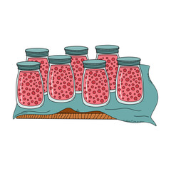 Sterilized jars of preserves cool down on covered work surface. Canning process, food preservation concept. Hand drawn doodle style vector illustration.

