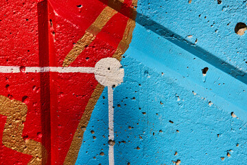 Vibrant Urban Art with Geometric Red Blue Contrast Eye-Level View