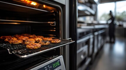 Close-up of a digital temperature sensor inside a commercial oven, precision cooking, food technology