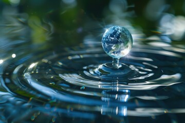 A small globe is floating on top of a small wave of water, generative ai image