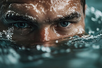 Close-up of a concentrated swimmer in the water, face emerging for a breath