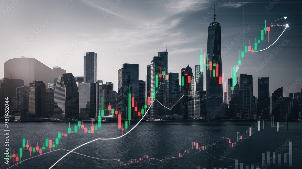 Poster A city skyline with a large building in the background and a graph of stock prices on the right