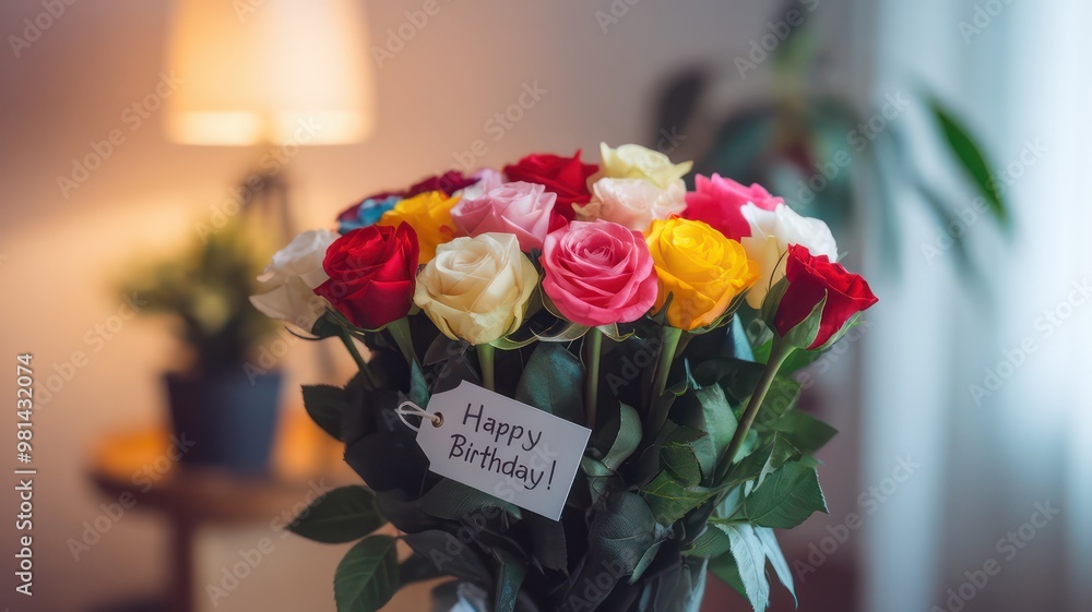 Poster a bouquet of colorful roses with a tag that says happy birthday. the flowers are arranged in a vase 