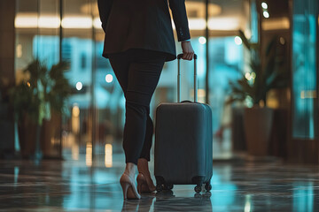 Businesswoman closing a suitcase after a day of work in a hotel