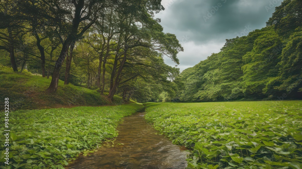 Poster A forest with a stream running through it. The trees are tall and green, and the grass is lush and green. Scene is peaceful and serene, as if one were walking through a quiet, untouched wilderness