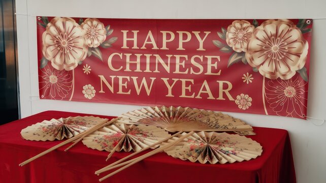 A red banner with Chinese New Year written on it hangs on a wall. There are three paper fans on a table in front of the banner - Powered by Adobe
